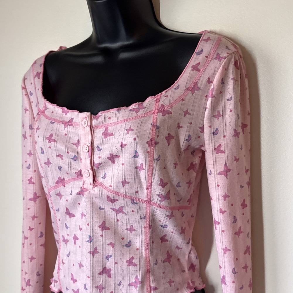 Sugar Thrillz Womens Y2K Coquette Soft Girl Babydoll Top Size S Pink Butterflies